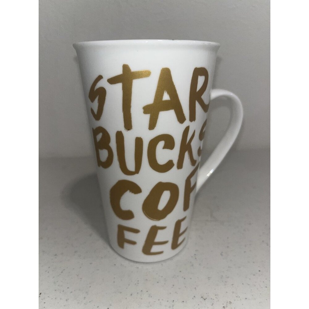 Starbucks 2015 White Gold Graffiti Lettering Ceramic Coffee Cup Mug 16 oz